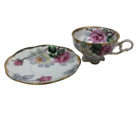 Lefton China Cup and Saucer Vintage Hand painted WK912 Pink Rose Gold Trim - Picture 1 of 7